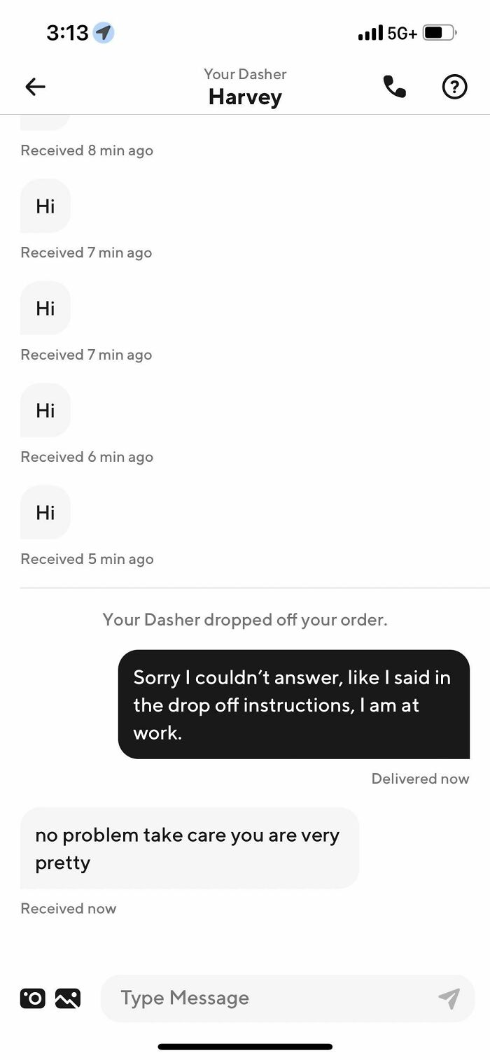 Text exchange with Uber driver repeatedly saying hi and complimenting customer after delivery, showing funny Uber driver texts.