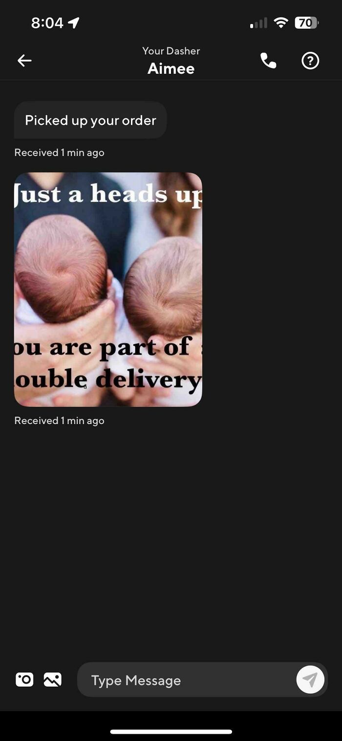 Screenshot of a funny Uber driver text conversation with a meme about double delivery and twins.