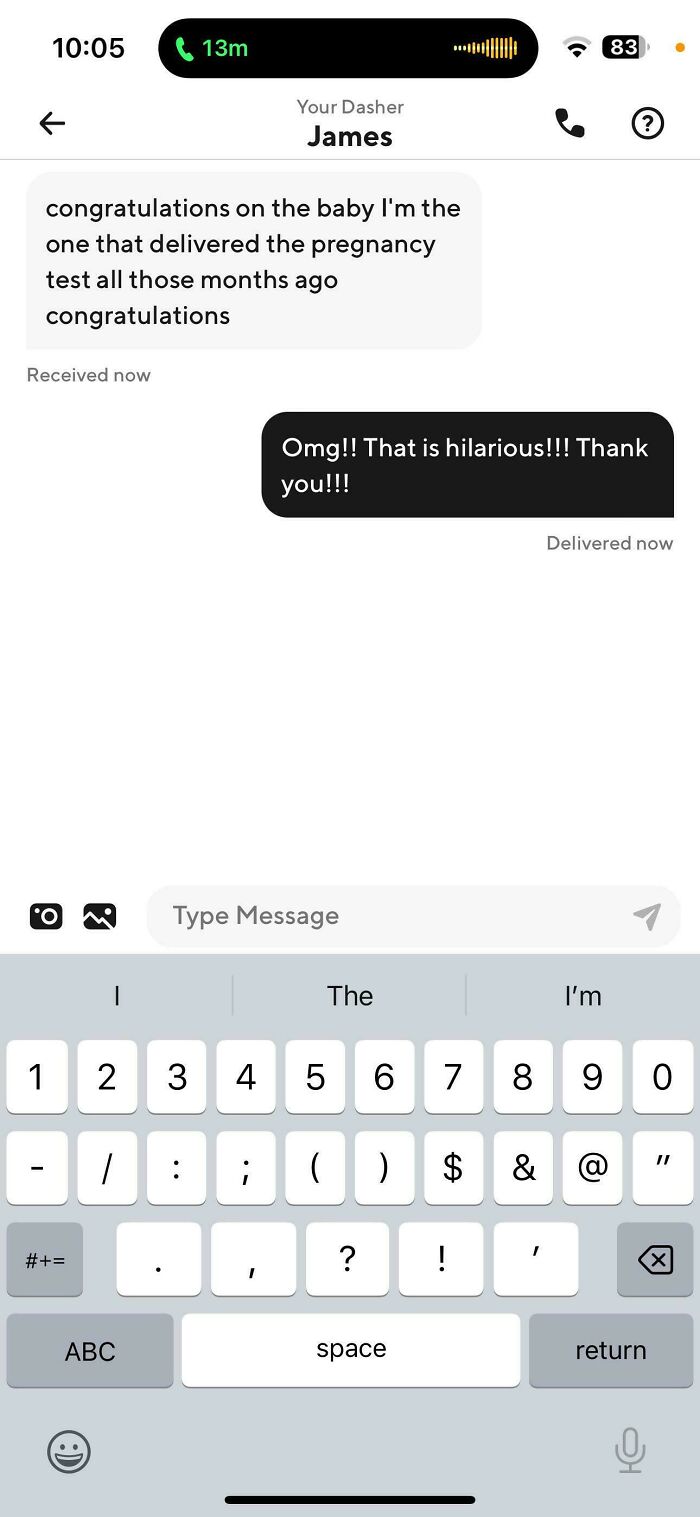 Text message exchange showing one of the funniest and most unhinged texts from Uber drivers about a pregnancy test delivery.