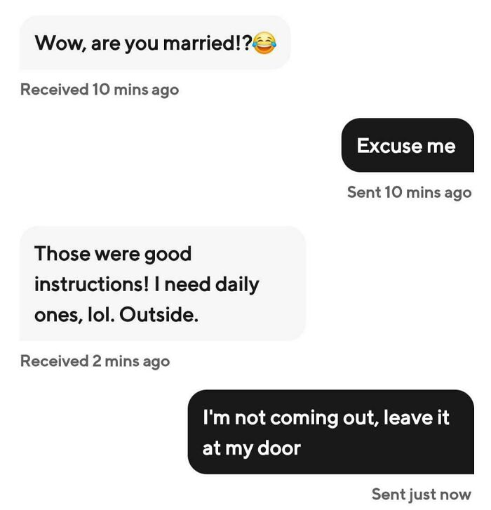 Chat exchange showing funny and unhinged texts between an Uber driver and passenger about delivery instructions.