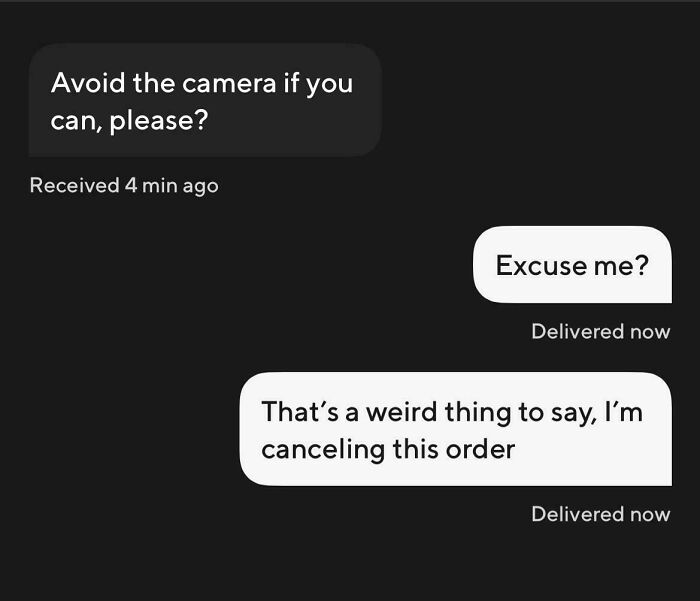 Text message exchange showing an Uber driver asking to avoid the camera and a passenger canceling the order.