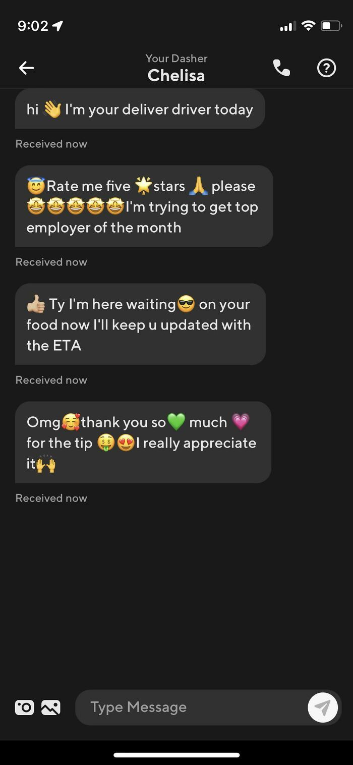 Chat messages from an Uber driver using emojis to update and thank the customer while delivering food.