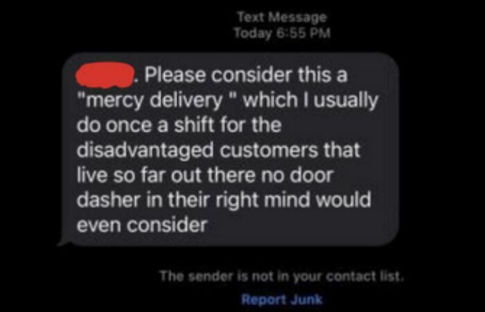 Text message from an Uber driver referring to a "mercy delivery" for disadvantaged customers far from typical service areas.