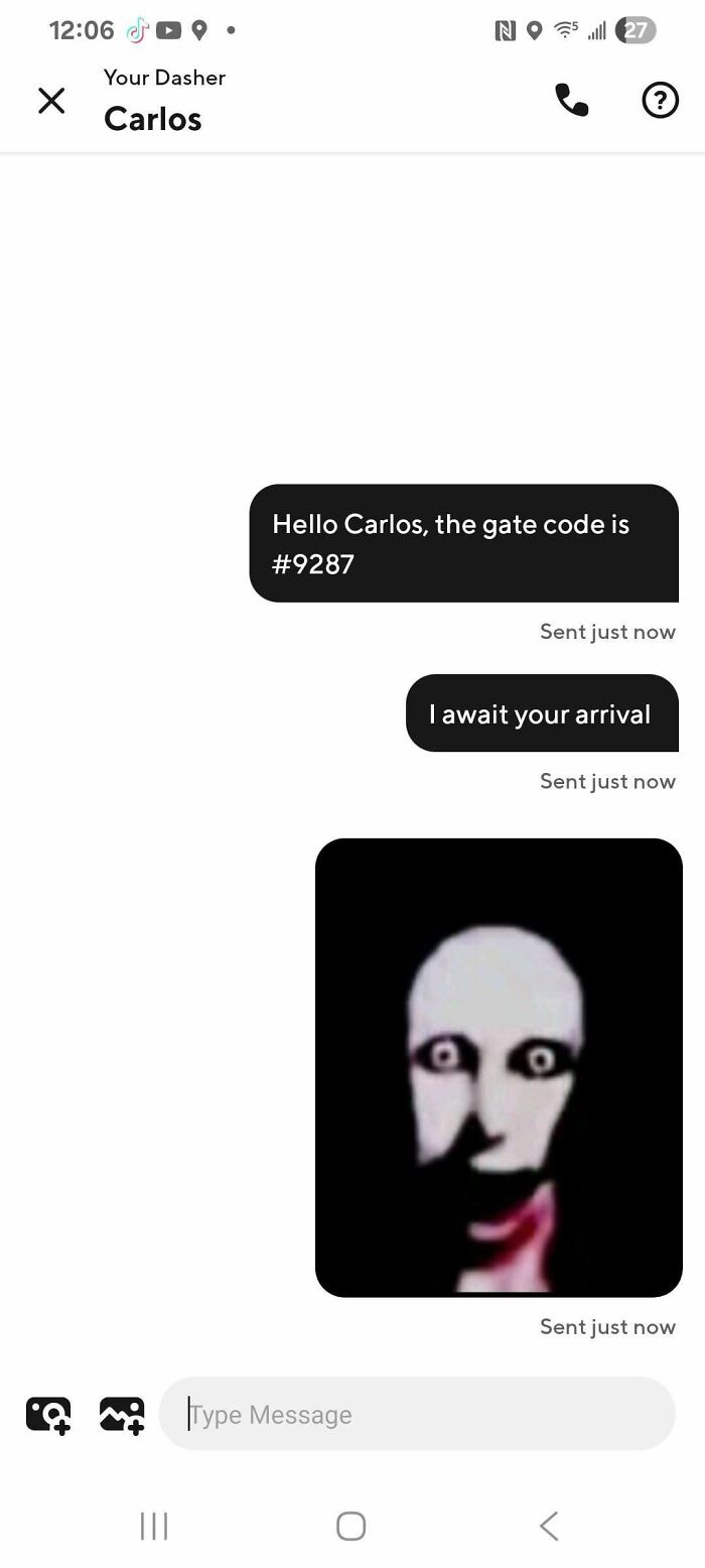 Screenshot of a funny and unhinged Uber driver text conversation with a creepy face meme included.