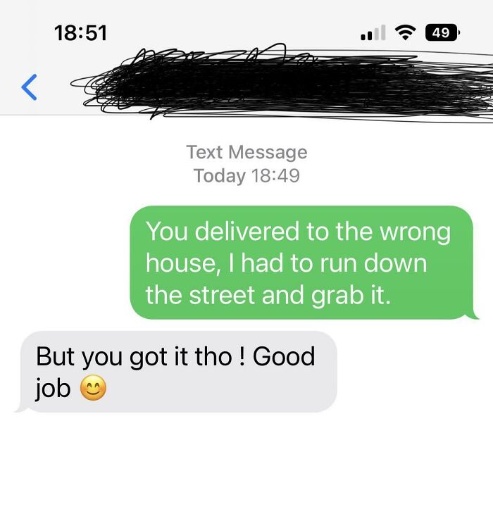 Text message exchange showing a funny and unhinged Uber driver responding positively after wrong delivery.