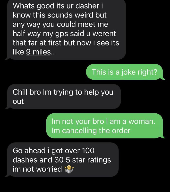 Text messages between an Uber driver and passenger showing a confusing and humorous conversation.