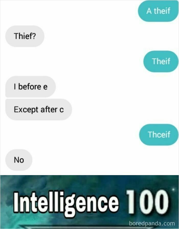 Text message meme explaining spelling rules messily with punchline Intelligence 100, illustrating meme account explanations.