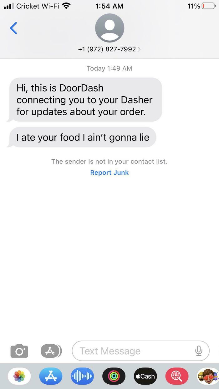 Text message from a delivery driver humorously admitting to eating the customer's food, showcasing funny Uber driver texts.