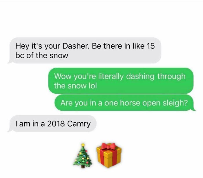 Text conversation between an Uber driver and passenger joking about snow and a modern car during a holiday season.