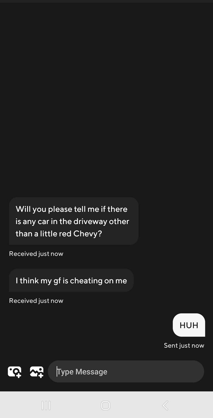 Text message exchange from Uber driver accusing girlfriend of cheating while asking about cars in the driveway, funny unhinged texts.