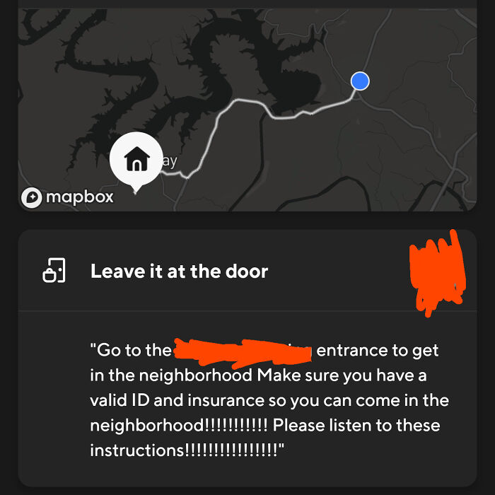 Map showing delivery route with Uber driver instructions to leave package at the door in a neighborhood area.