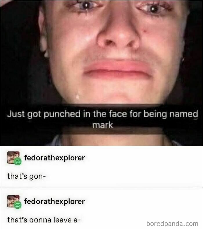 Close-up of a meme text about getting punched for being named Mark, explained by a meme account for clarity.