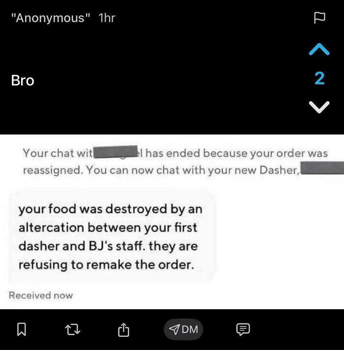 Screenshot of a humorous text exchange between an Uber driver and customer about a food order conflict.