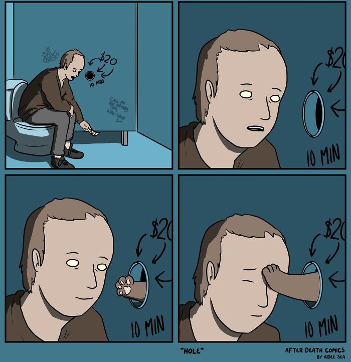 Comic panels showing a man interacting with a strange $20 fee hole in a bathroom stall, featuring weird humor style.
