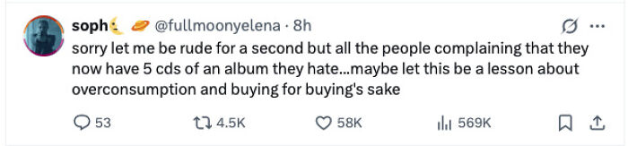Tweet discussing overconsumption and buying habits as a reminder of how bad consumerism has gotten.