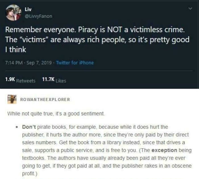 Screenshot of social media posts discussing piracy impacts on rich people and consumerism issues affecting authors and publishers.