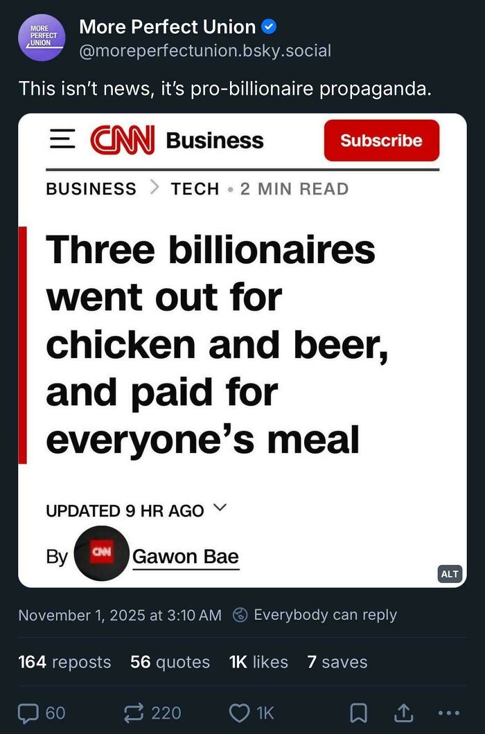CNN Business headline about billionaires paying for meals, highlighting brutal reminders of how bad consumerism has gotten.