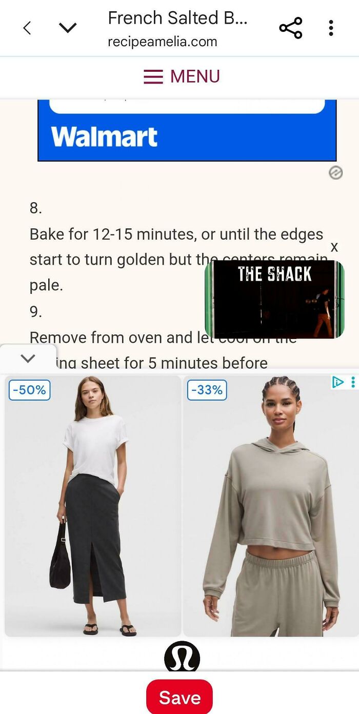 Mobile screen showing consumerism with fashion ads and text about baking, highlighting distractions from real issues.