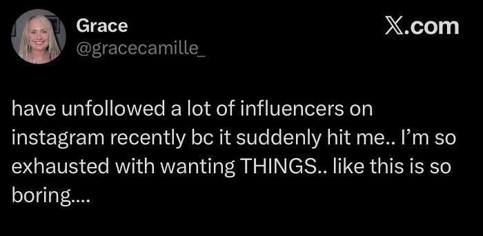 Social media post showing exhaustion with consumerism and the desire for things, highlighting how bad consumerism has gotten.
