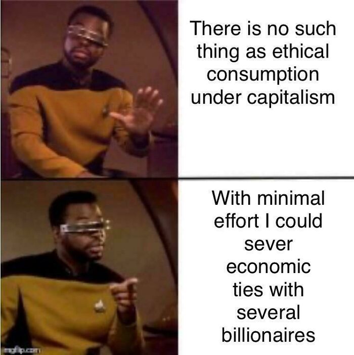 Man in futuristic glasses making hand gestures paired with text about ethical consumption and consumerism under capitalism.