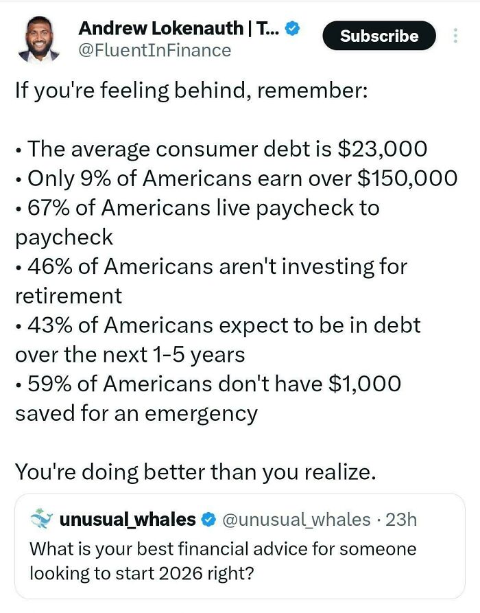 Screenshot of a tweet highlighting brutal consumerism reminders about American debt, savings, and financial struggles.