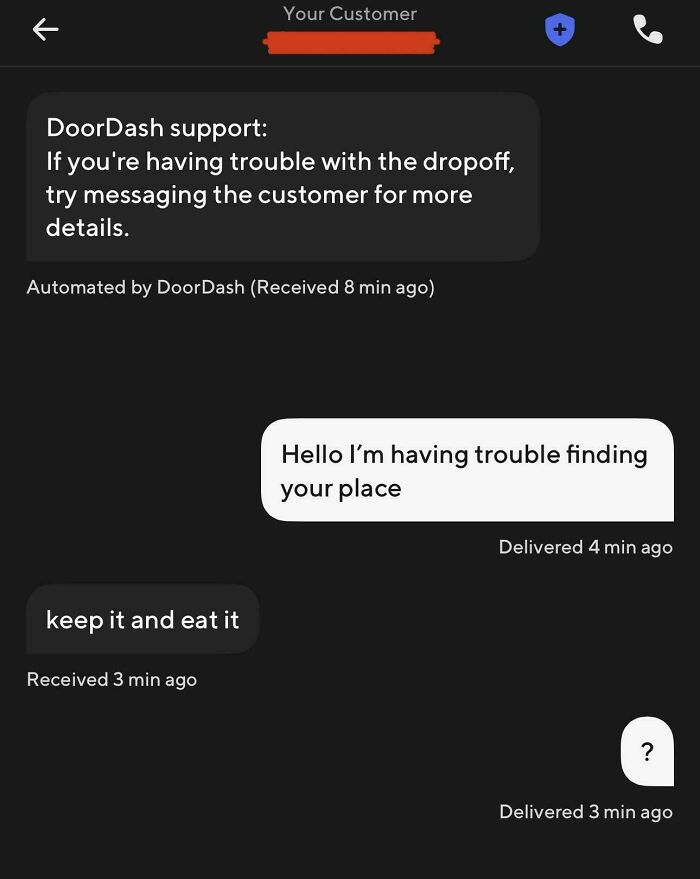 Text message exchange showing a customer having trouble finding a place and a funny unhinged Uber driver reply.