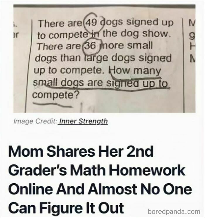 Math homework meme showing a confusing problem with small dogs, explained by a meme account for clearer understanding.