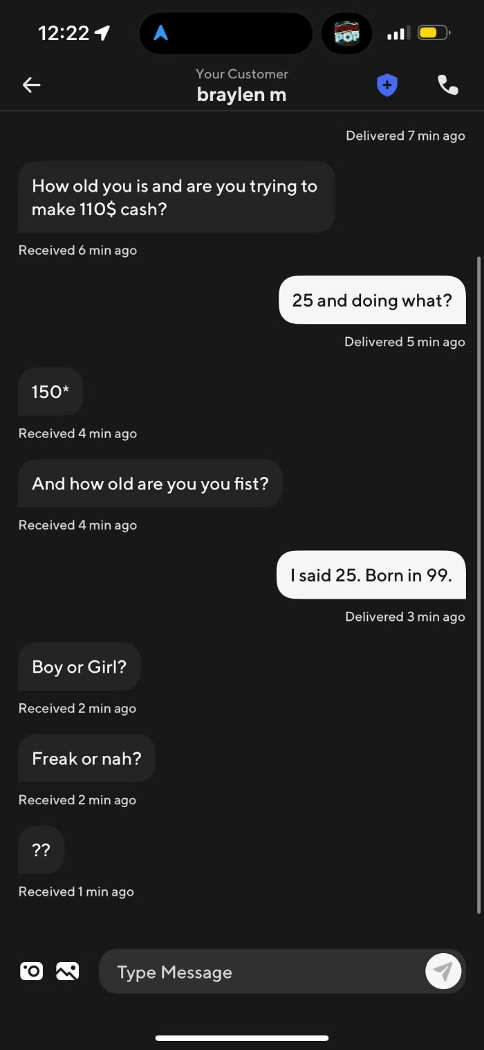 Text conversation between an Uber driver and customer showing funny and unhinged messages about age and payment.