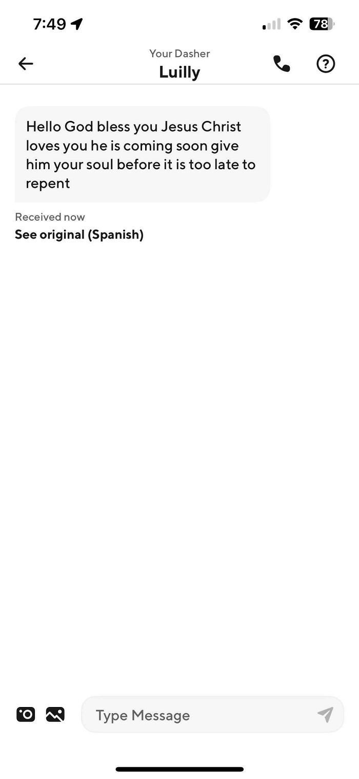 Screenshot of a funny and unhinged text message from an Uber driver with a religious warning to repent.