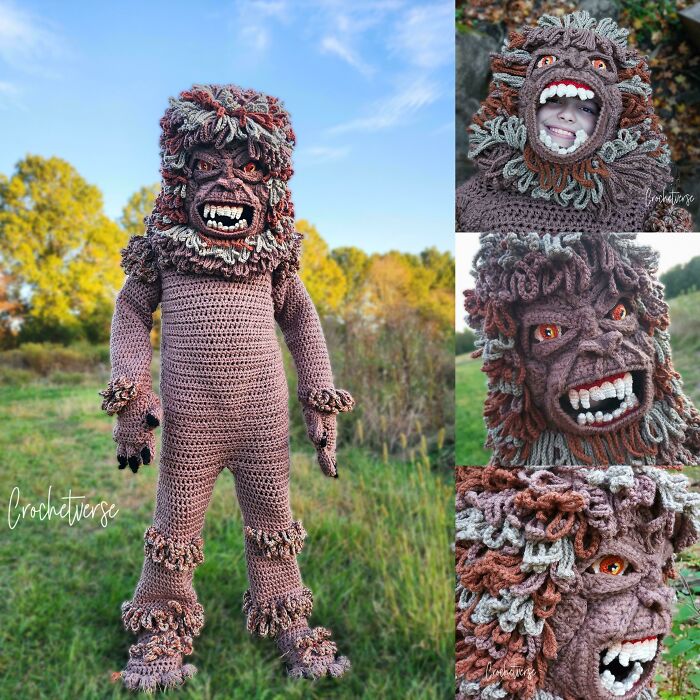 Awesome crocheted monster costume. A child wears a brown crochet monster suit with a scary mask.