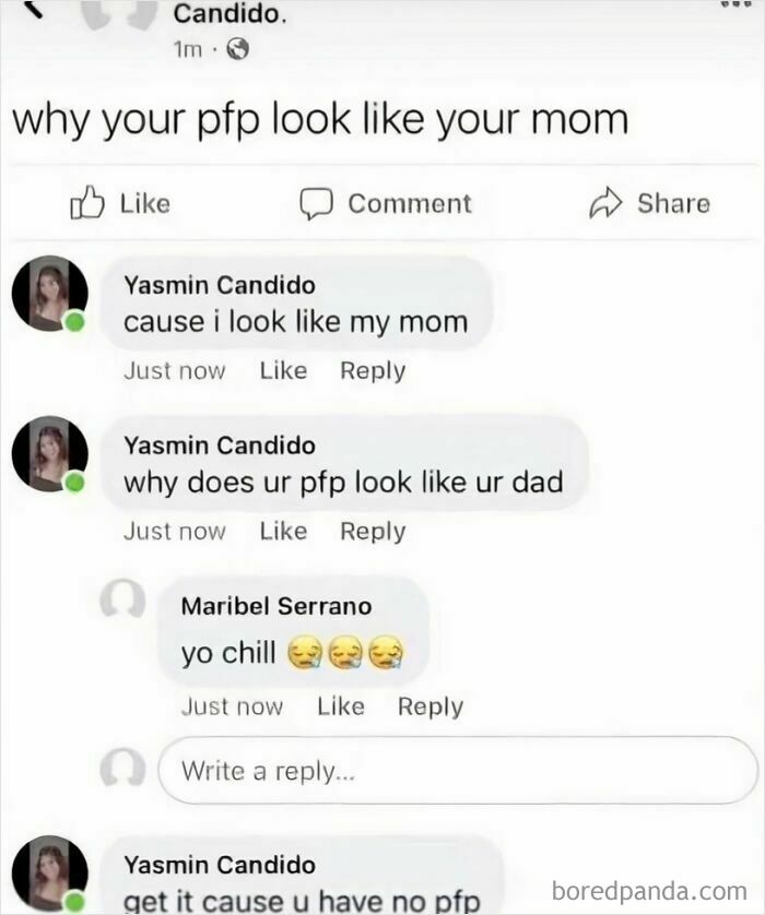 Social media meme conversation explaining profile pictures in a humorous way for meme account followers.