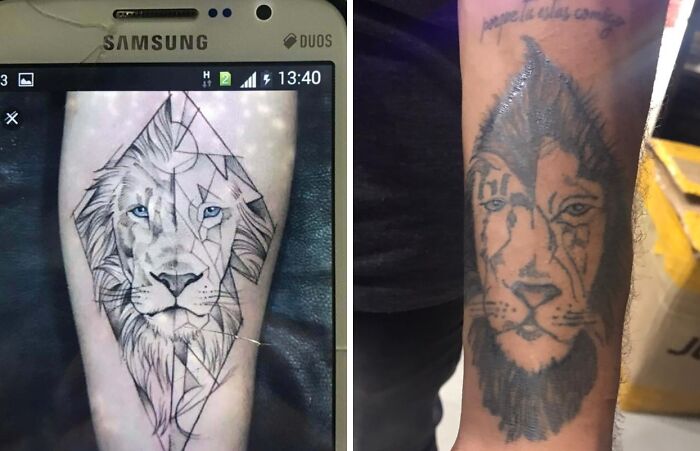 Side-by-side comparison of a lion tattoo before and after with bad tattoos proving thinking first is optional.