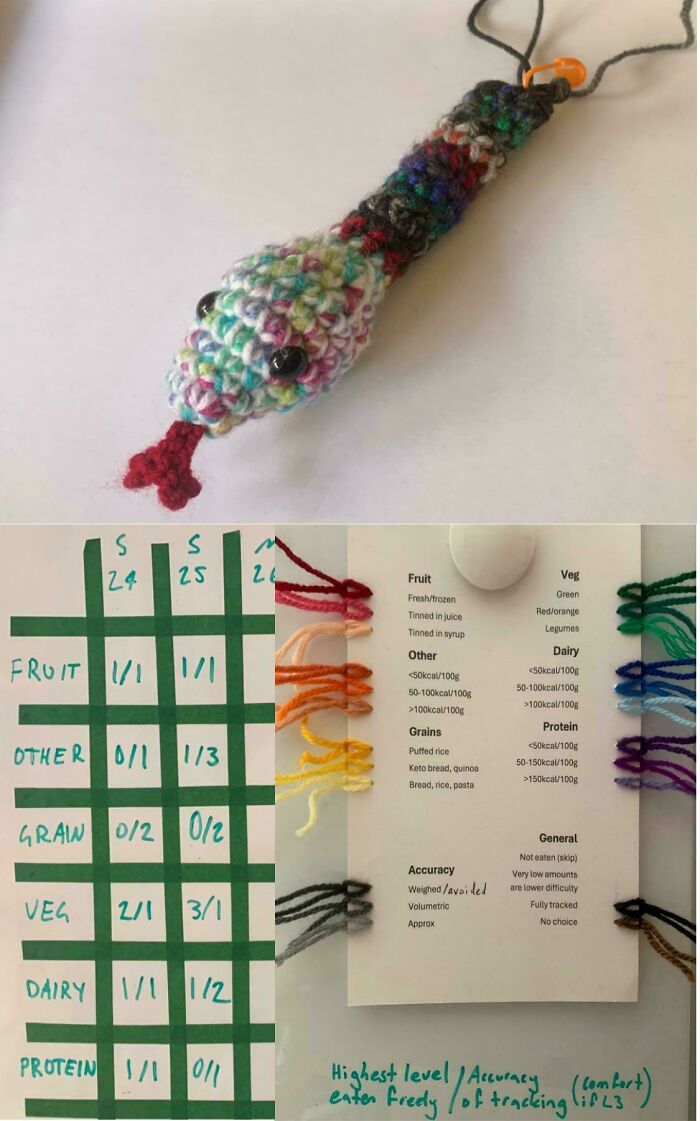 Awesome crocheted snake with black eyes and a red tongue, next to a tracking chart for food and yarn color codes.