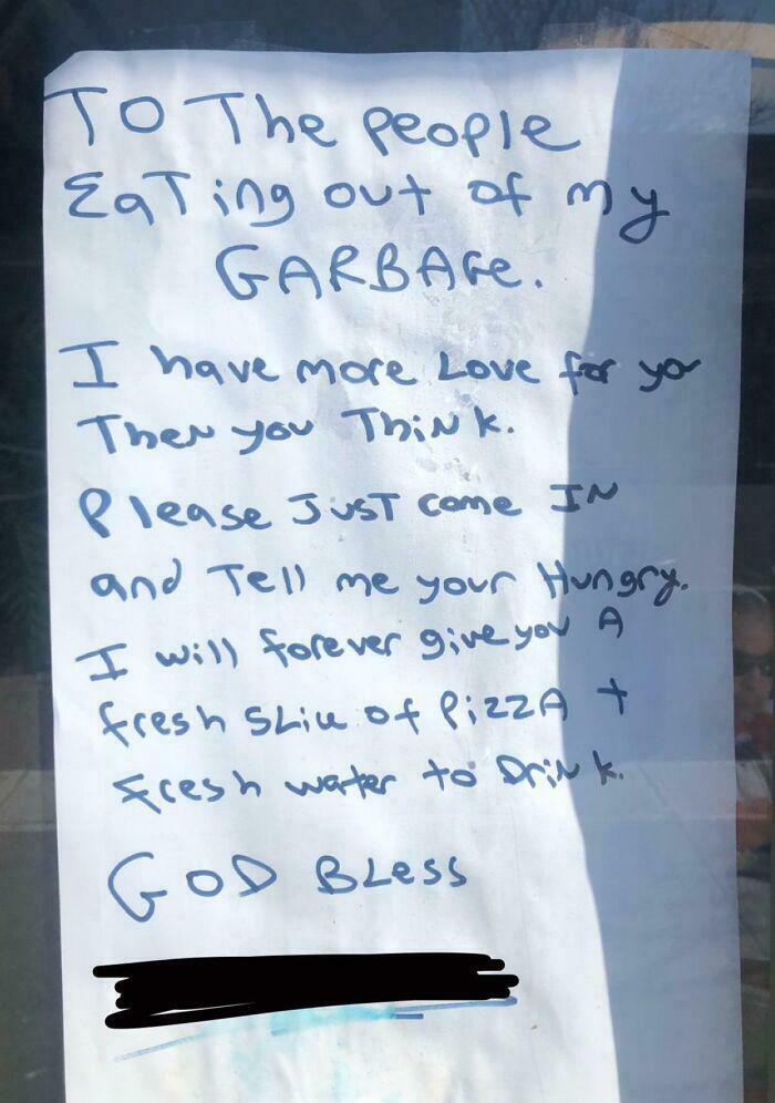 An amazing photo of a handwritten note offering pizza and water to those in need, teaching something new and brightening your day.