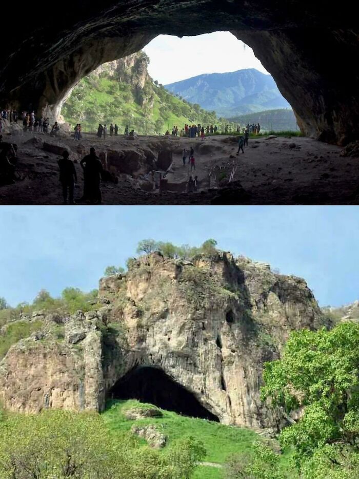 A two-part amazing photo showing the inside and outside of a large mountain cave.