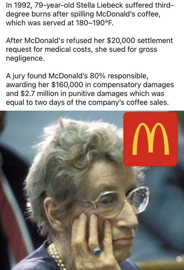 Amazing photos: Stella Liebeck with McDonald's coffee lawsuit details.
