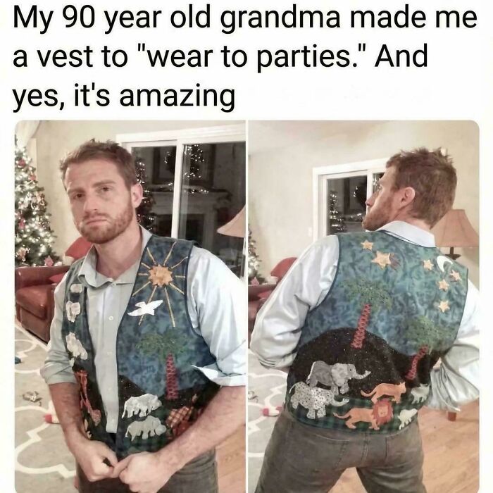 An amazing photo of a man wearing a unique, embroidered vest made by his 90-year-old grandma.