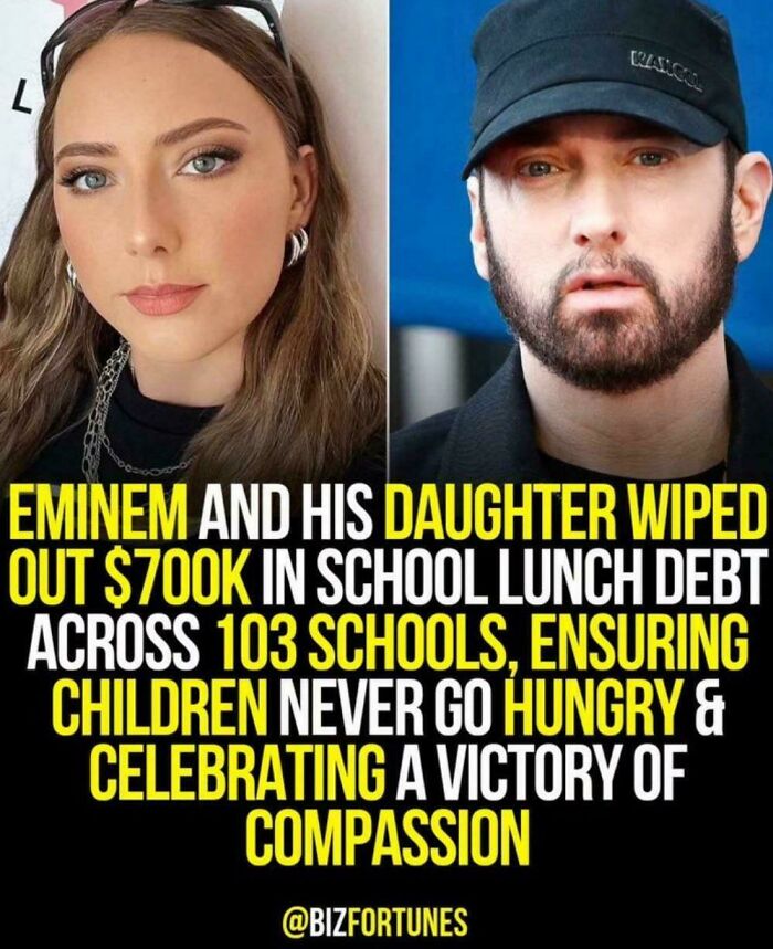 An amazing photo featuring Eminem and his daughter with text about their generous act of wiping out school lunch debt.