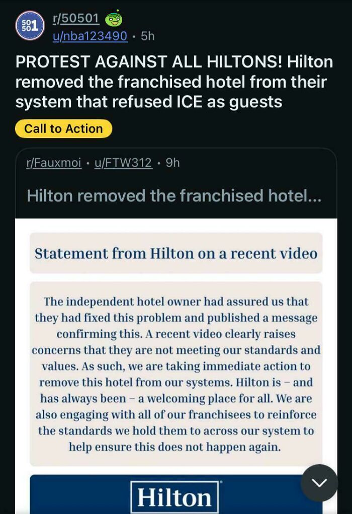 Chaotic Good Posts: A Hilton statement about removing a hotel that refused ICE guests, inspiring people to be the hero.