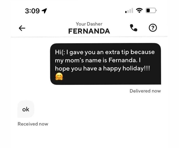 Screenshot of a funny Uber driver text exchange showing a customer tipping for sharing the driver’s name Fernanda.