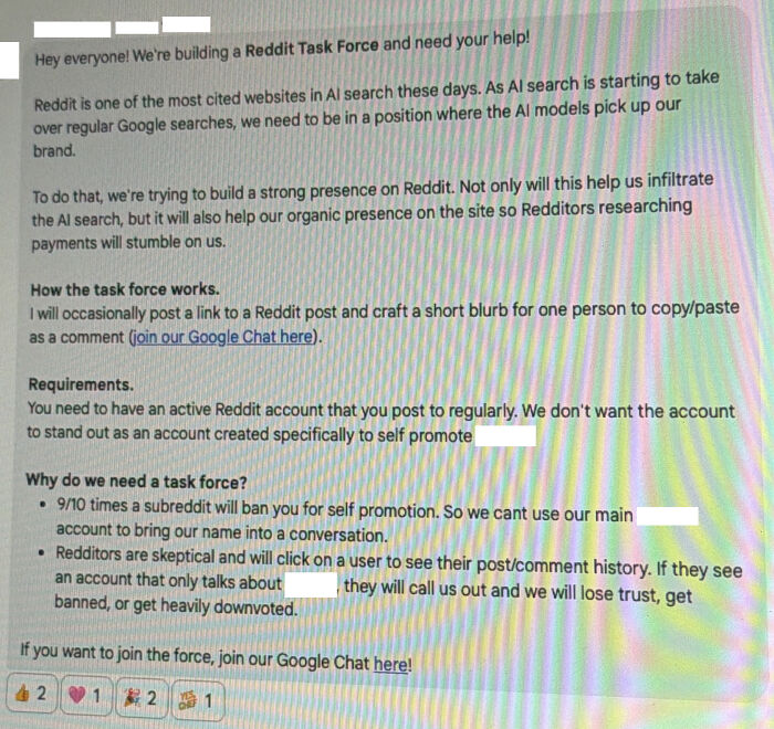 Text message about building a Reddit Task Force for corporate AI search presence