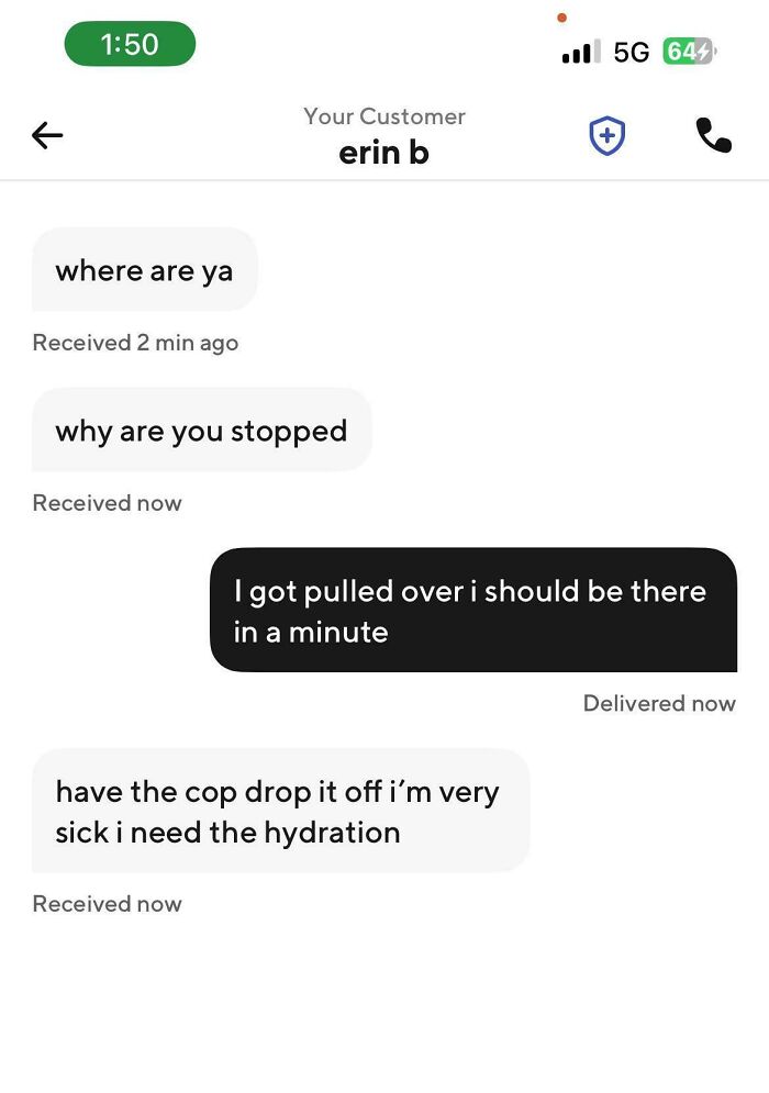 Text exchange between an Uber driver and passenger showing a funny, unhinged conversation about being pulled over.
