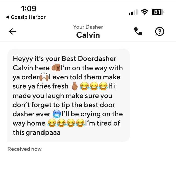 Text message from Uber driver Calvin making jokes while delivering order, showcasing funny and unhinged Uber driver texts.