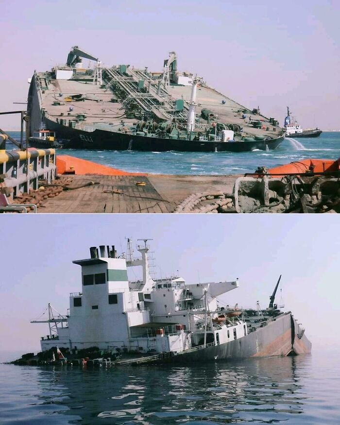 Two images of ship accidents. Top: a tanker listing heavily in the water. Bottom: another vessel sinking, half submerged. Fails.