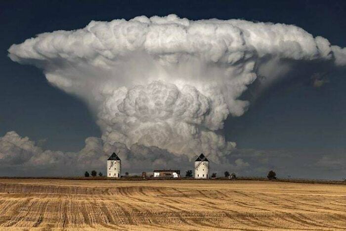 Extremely large things: A massive, scary, and eerie mushroom-shaped cloud towering over two small windmills in a field.