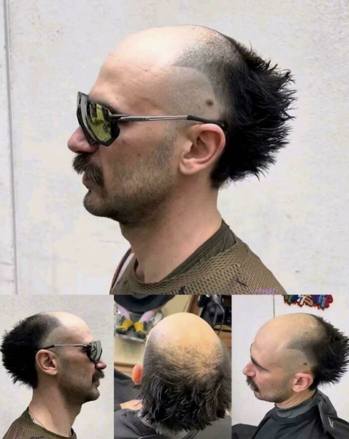 A man from the side, wearing sunglasses, with an unfortunate haircut featuring a bald top and spiky back.