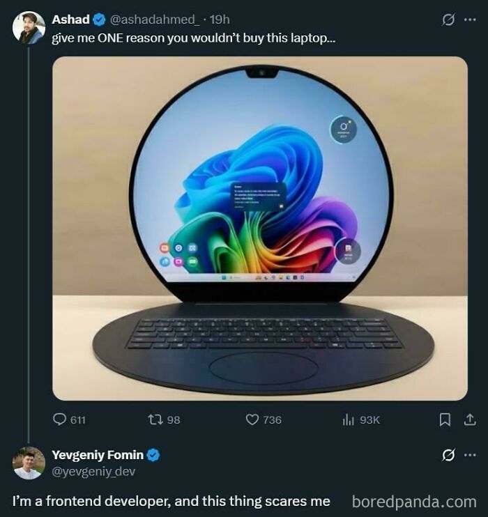 Tweet shows a round laptop with a circular screen and keyboard, highlighting a hilarious programming meme about debugging struggles.