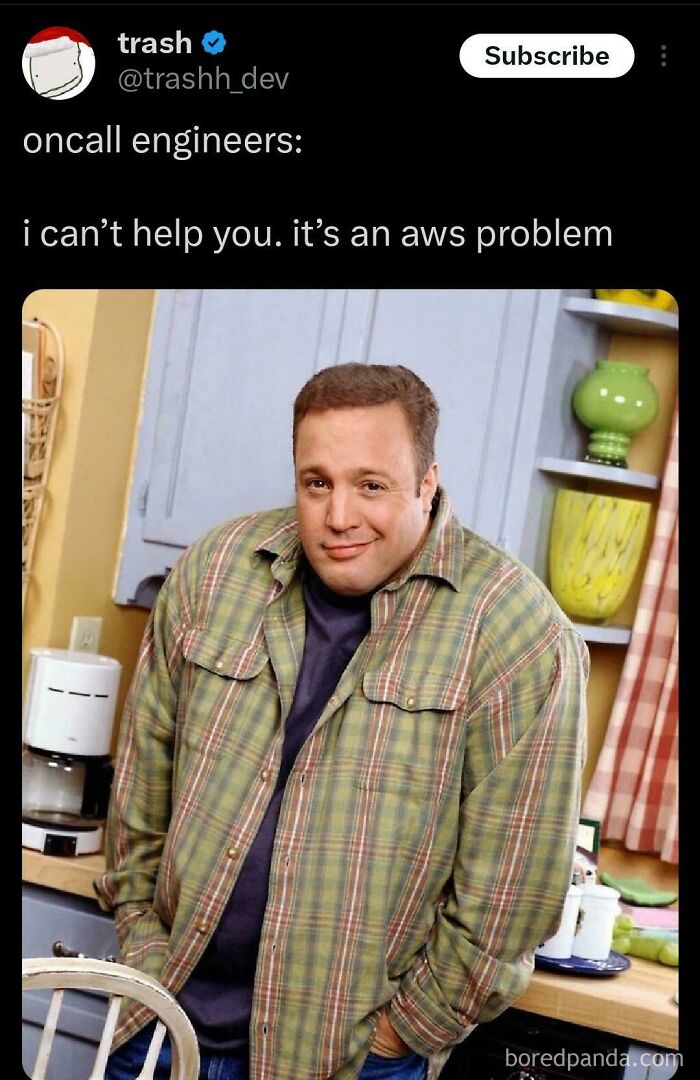 Programming meme showing a man shrugging with text about oncall engineers blaming an AWS problem.