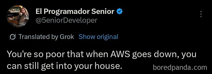Screenshot of a programming meme tweet joking about AWS downtime and the annoyance of debugging struggles.
