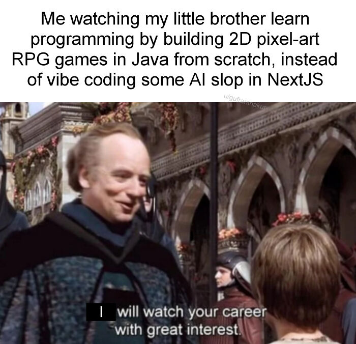 Programming meme showing a man watching a boy learn coding with captions about programming and debugging struggles.